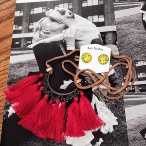 Red Tassel Necklace & Sunflower Earring Set